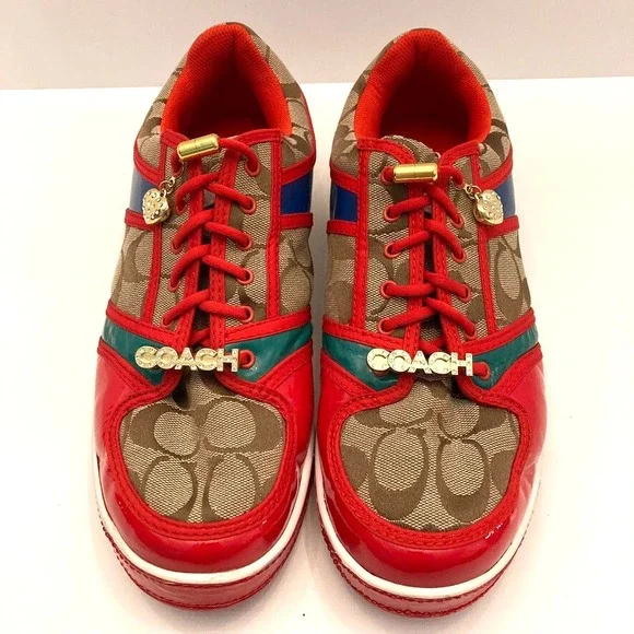 VTG Coach Women's Sneakers Oriana Size 9.5 Rhinestones Charms Logo Red Khaki Y2K - Picture 4 of 14